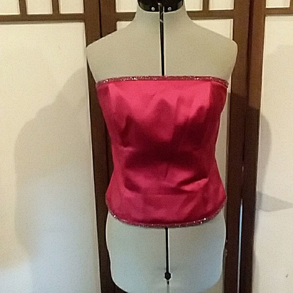 Dessy Collection bustier sz 16 cranberry with beading at top and bottom.